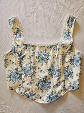 Fashion Nova Blue Toile Floral Bustier Top Lace Trim Butterfly Size XL